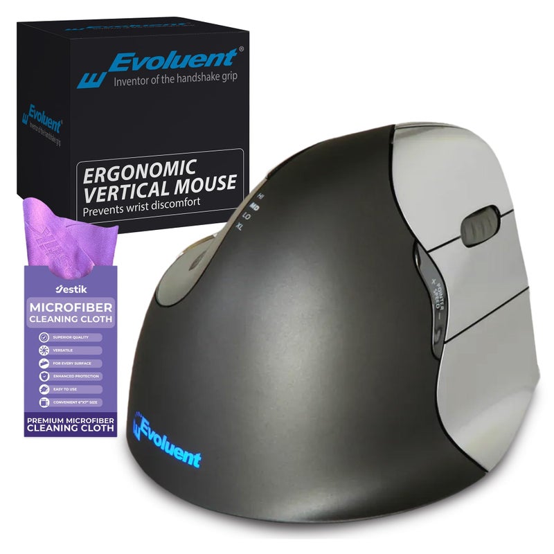 Evoluent Vertical Mouse 4 Right Hand (VM4R) - Ergonomic USB Wired Mouse for Laptop and PC with Jestik Microfiber Cloth (Regular Size) Black